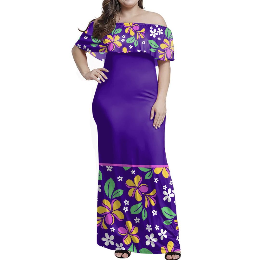 Polynesian Pride Dress - Purple Plumeria Off Shoulder Long Dress Long Dress Purple - Polynesian Pride