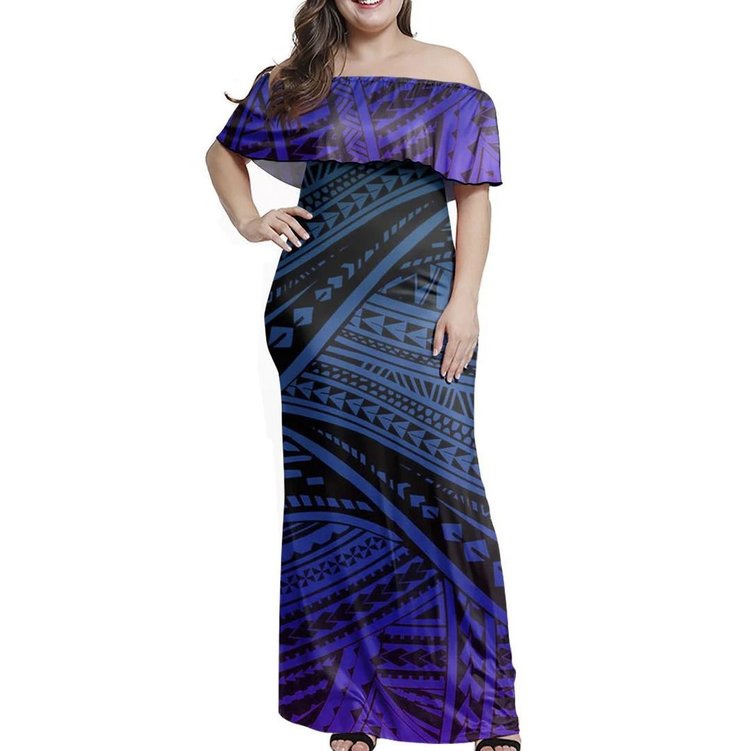 Polynesian Pride Dress - Polynesian Tattoo Blue Purple Off Shoulder Long Dress Long Dress Blue - Polynesian Pride