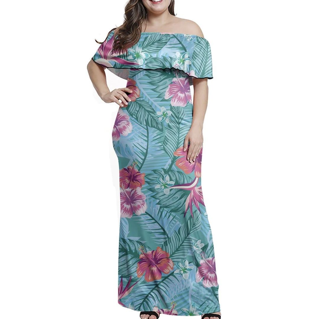 Polynesian Pride Dress - Tropical Hibiscus Blue Off Shoulder Long Dress Long Dress Blue - Polynesian Pride