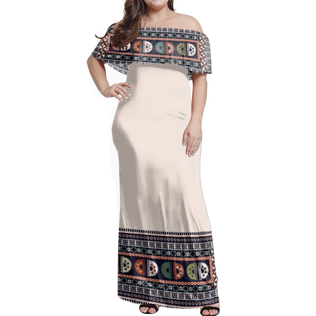 NE Fiji Bula Dress - Fiji Tapa Tribal Beige Off Shoulder Long Dress Long Dress Beige - Polynesian Pride