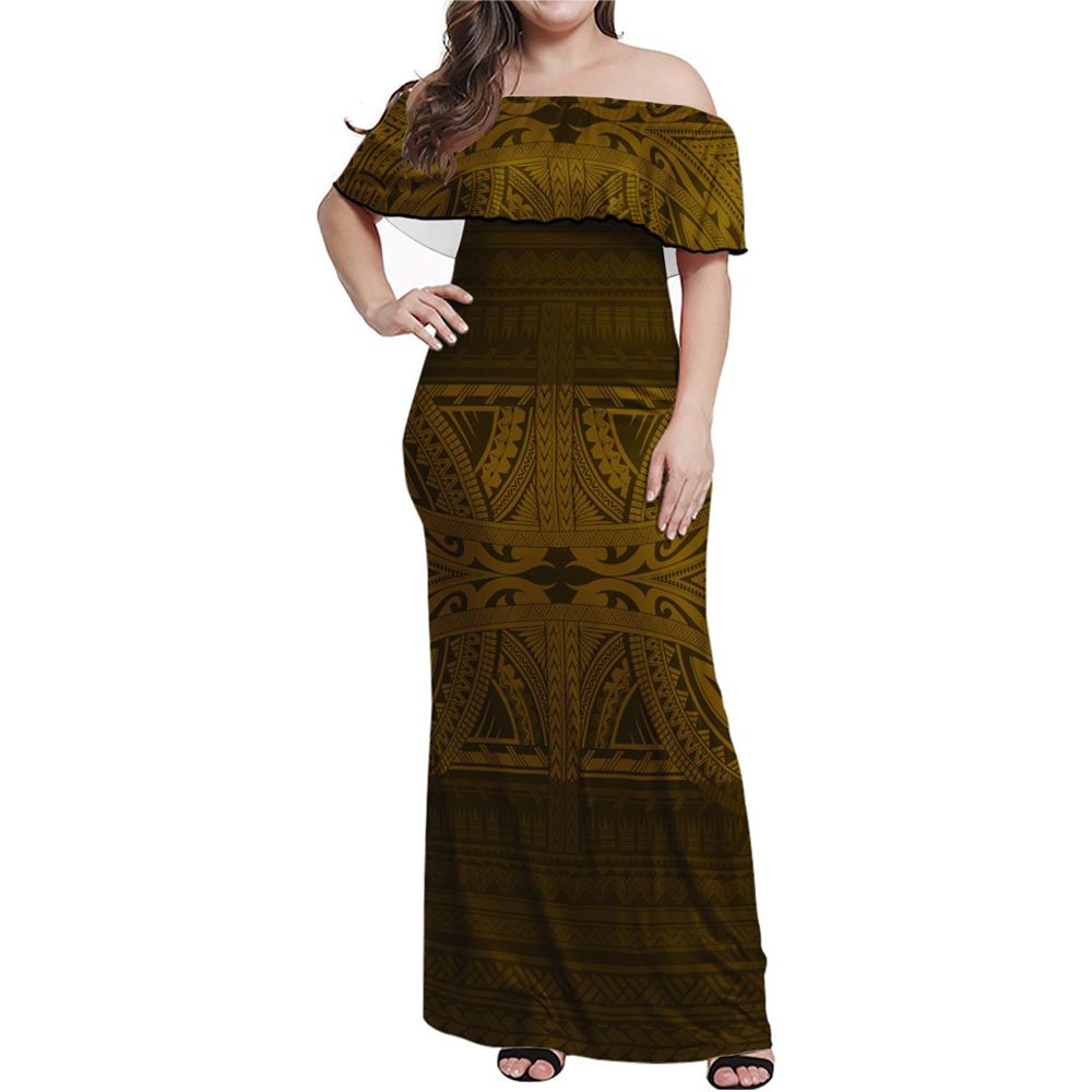 Polynesian Pride Dress - Tribal Mix Polynesian Culture Brown Off Shoulder Long Dress Long Dress Brown - Polynesian Pride