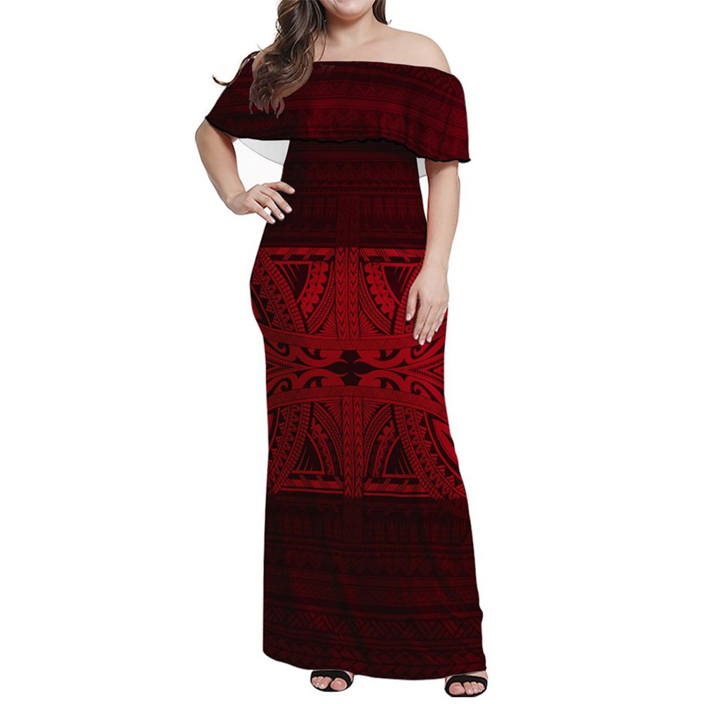 Polynesian Pride Dress - Tribal Polynesian Mix Red My Style Off Shoulder Long Dress Long Dress Red - Polynesian Pride