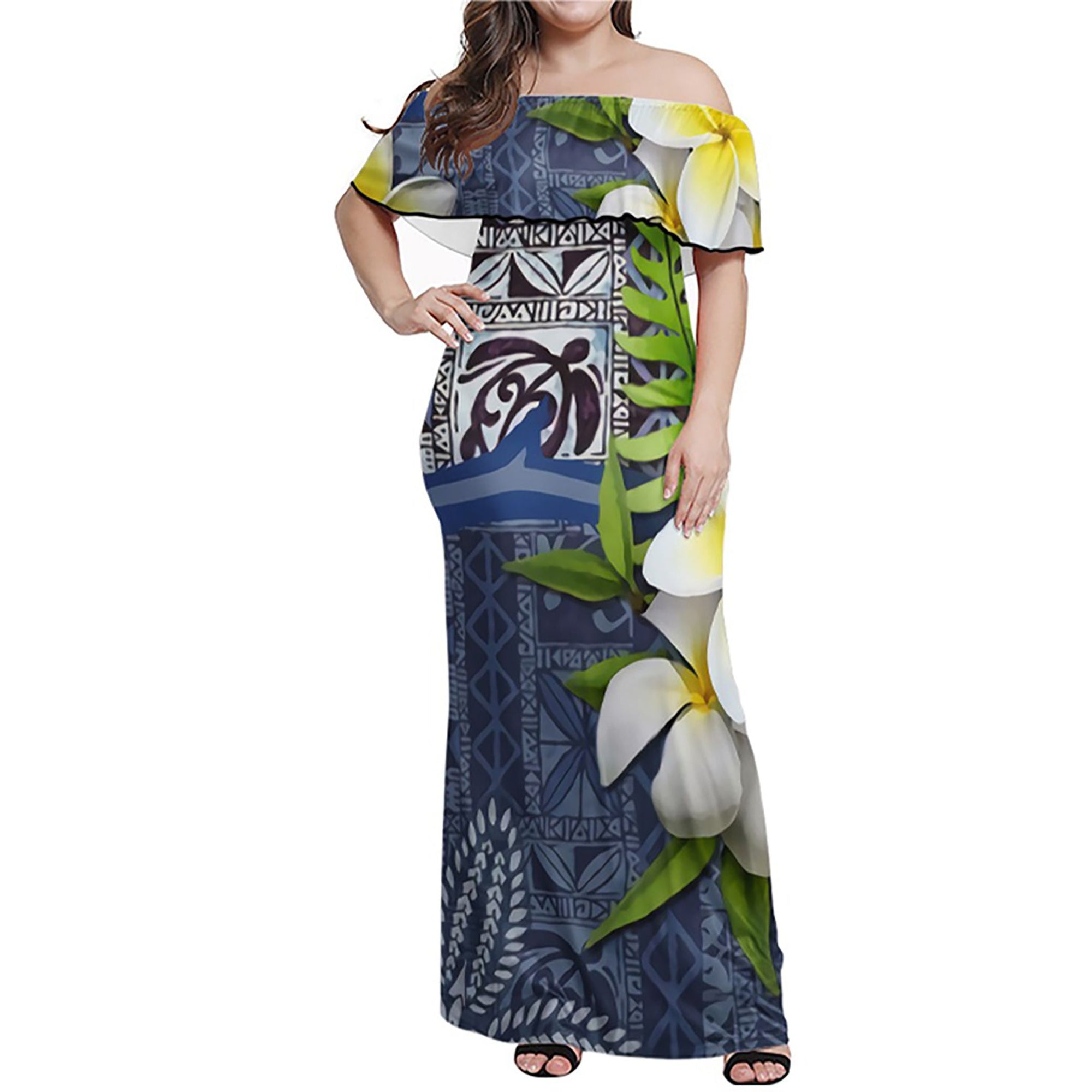 Polynesian Pride Dress - Tapa Turtle Plumeria Off Shoulder Long Dress Long Dress Blue - Polynesian Pride