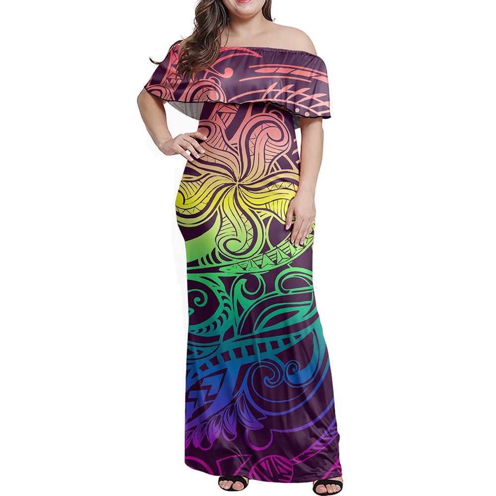 Polynesian Pride Dress - Rainbow Polynesian Special Symbol Off Shoulder Long Dress Long Dress Reggae - Polynesian Pride