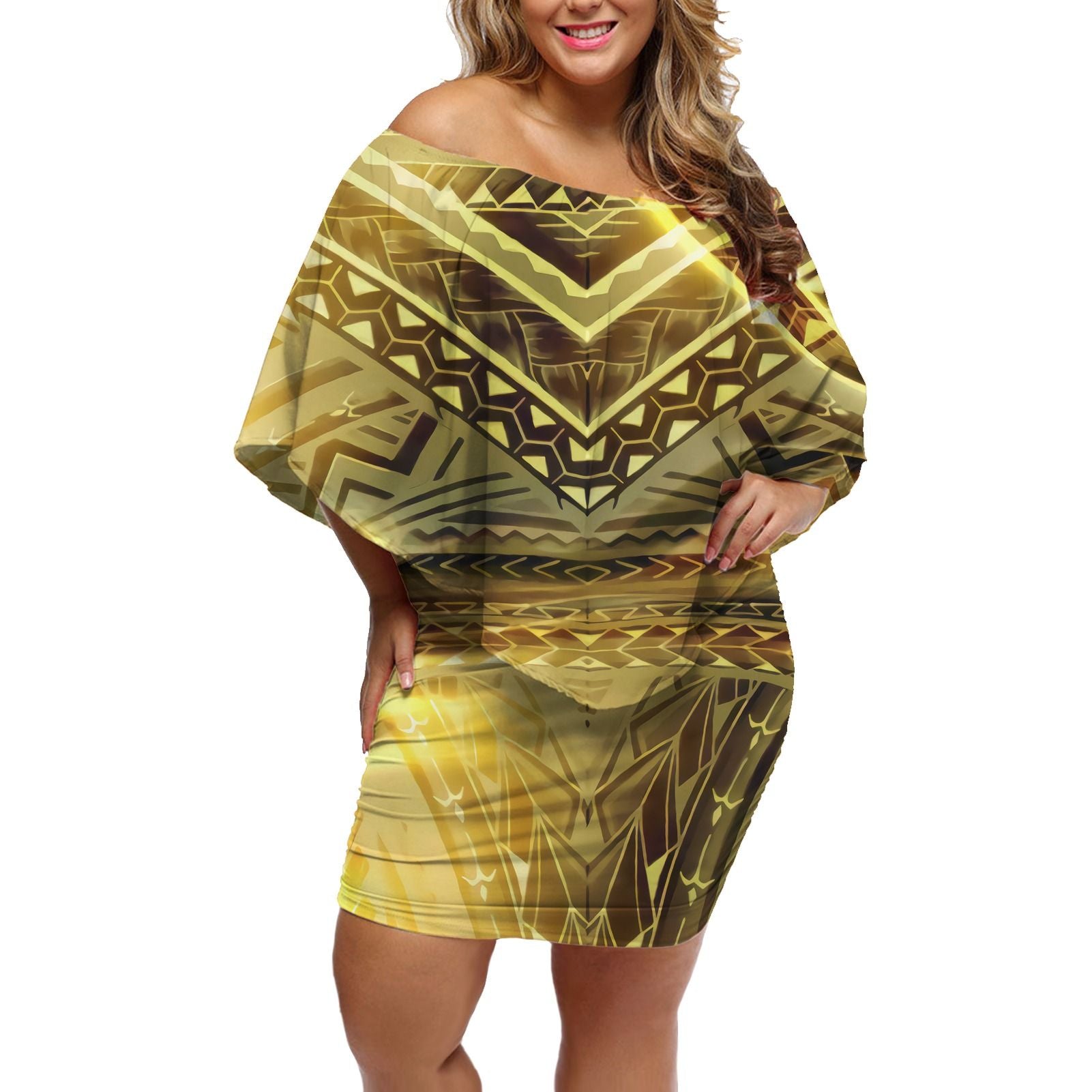 Polynesian Pride Dress - Polynesian Triangle Golden Off Shoulder Short Dress Women Gold - Polynesian Pride