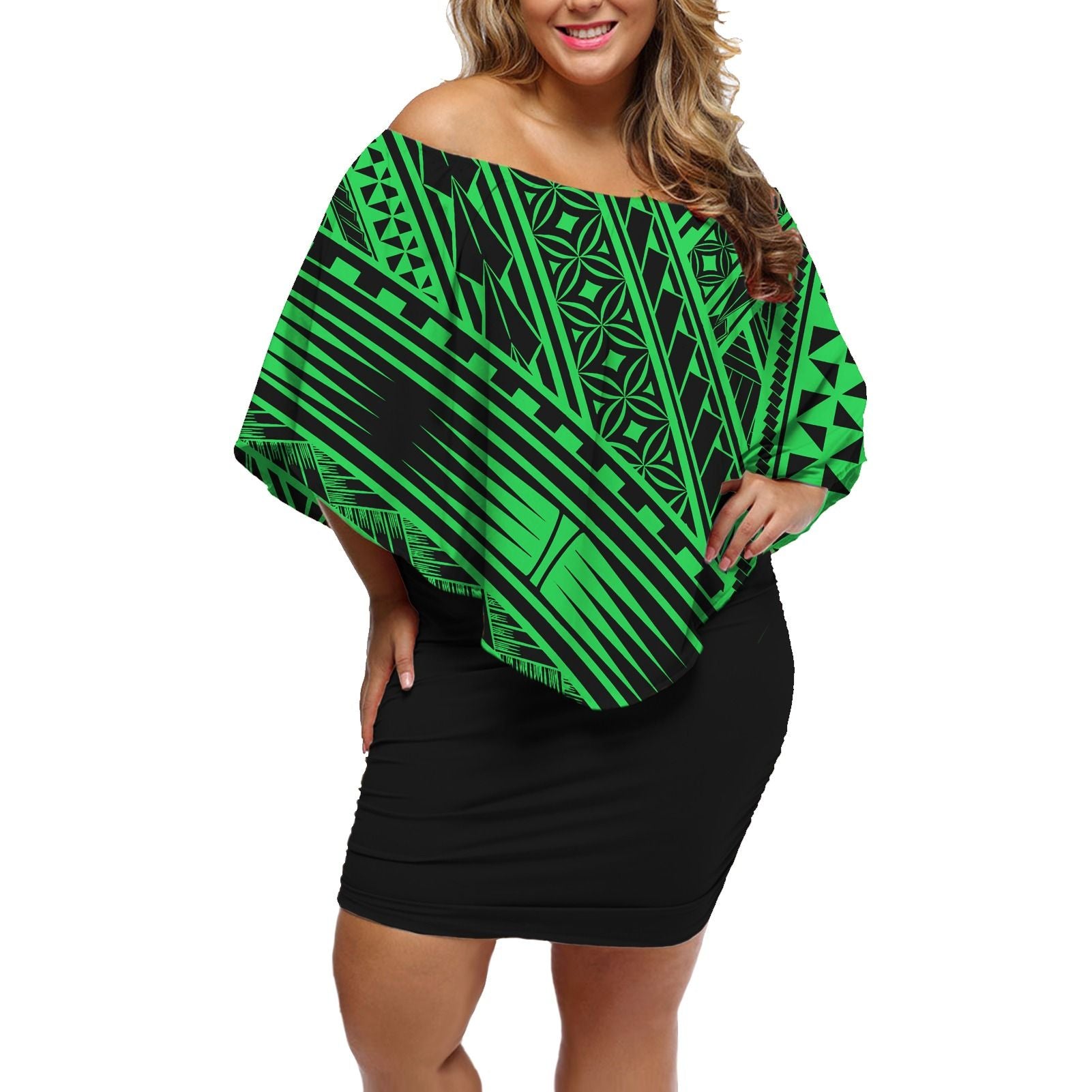 Polynesian Pride Dress - Polynesian Masi Tapa Green Off Shoulder Short Dress Women Green - Polynesian Pride