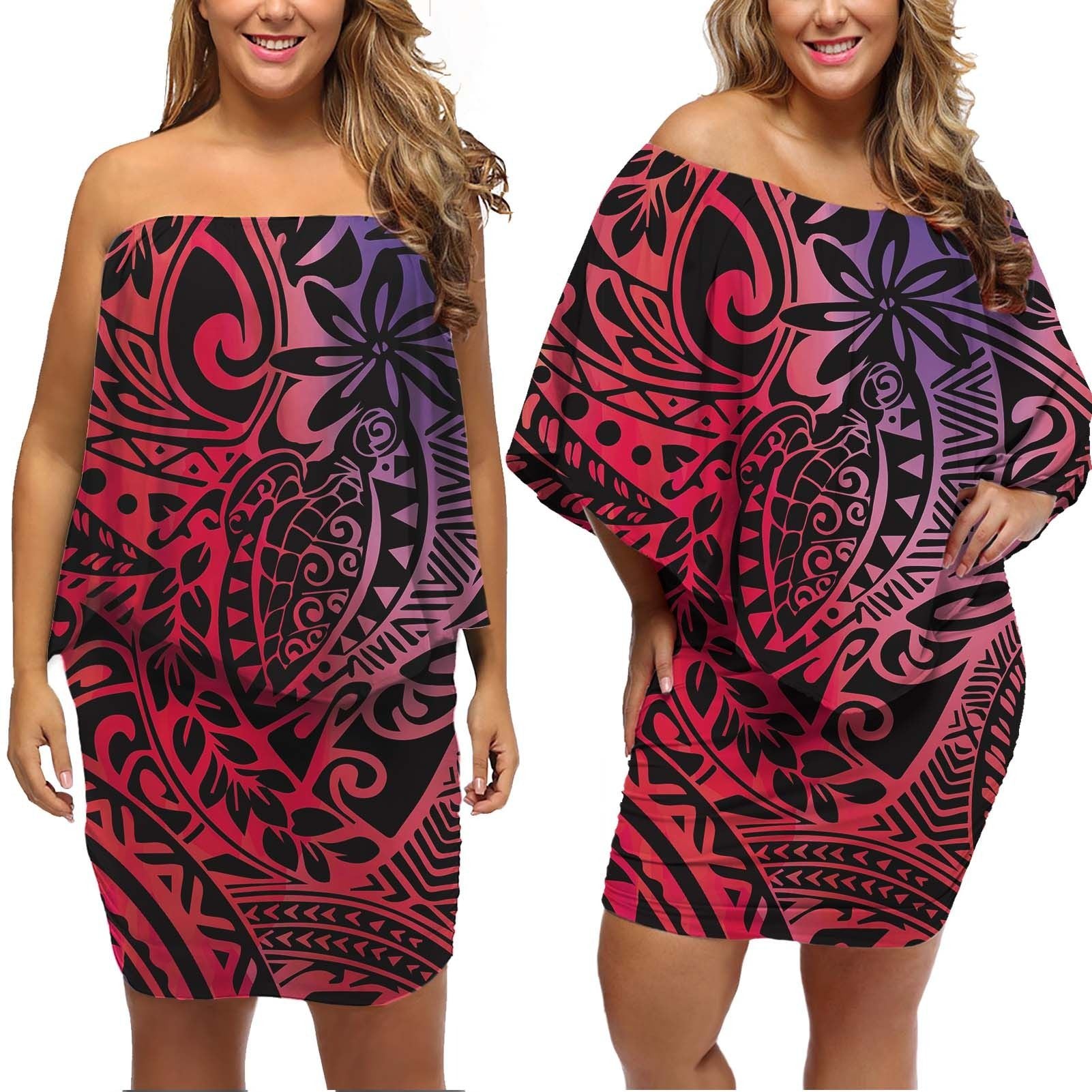 Polynesian Pride Dress - Turtle Kakau Polynesia Red Off Shoulder Short Dress Women Red - Polynesian Pride