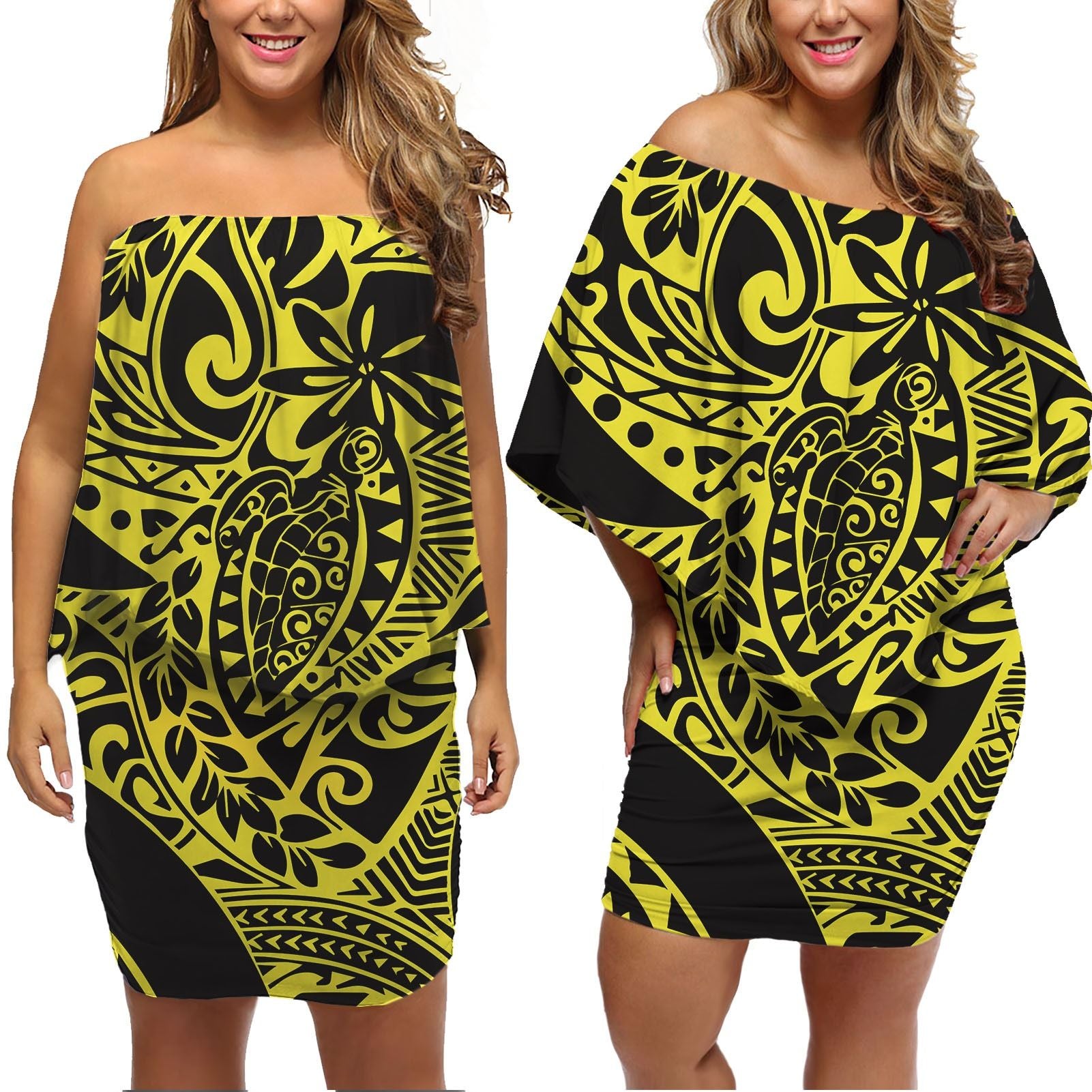 Polynesian Pride Dress - Turtle Kakau Polynesia Yellow Off Shoulder Short Dress Women Yellow - Polynesian Pride