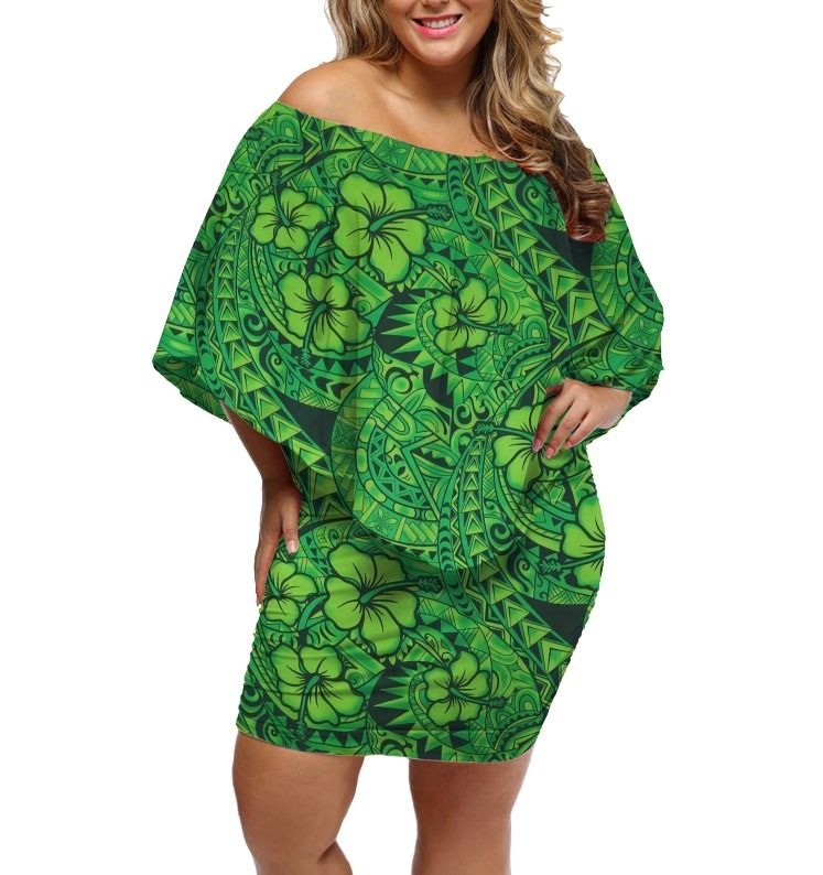 Polynesian Pride Dress - Hibiscus Tribal Mix Polynesia Green Off Shoulder Short Dress Women Green - Polynesian Pride