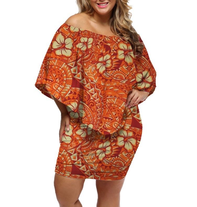 Polynesian Pride Dress - Hibiscus Tribal Mix Polynesia Orange Off Shoulder Short Dress Women Orange - Polynesian Pride