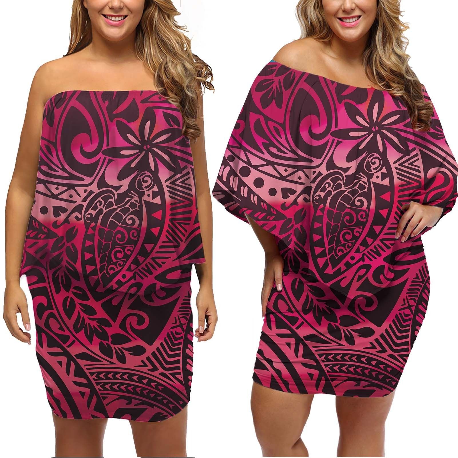 Polynesian Pride Dress - Turtle Kakau Polynesia Pink Off Shoulder Short Dress Women Pink - Polynesian Pride