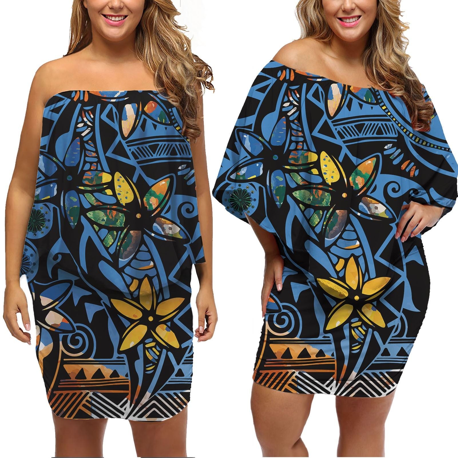 Polynesian Pride Dress - Plumeria Curve Polynesian Blue Black Off Shoulder Short Dress Women Black - Polynesian Pride