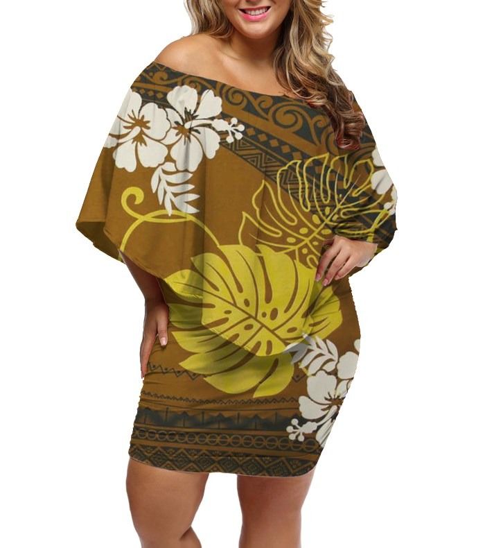Polynesian Pride Dress - Vintage Hibiscus Golden Off Shoulder Short Dress Women Gold - Polynesian Pride