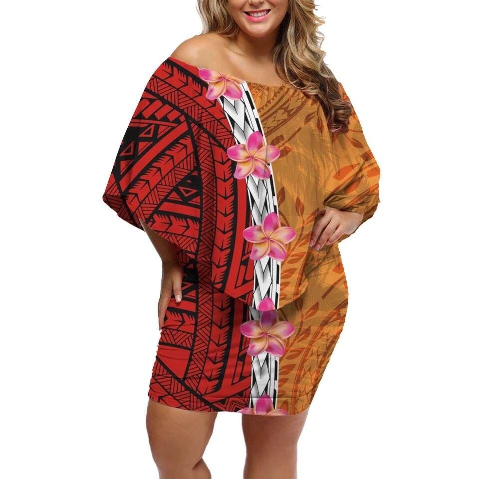 Polynesian Pride Dress - Spearhead Plumeria Polynesia Orange Off Shoulder Short Dress Women Orange - Polynesian Pride