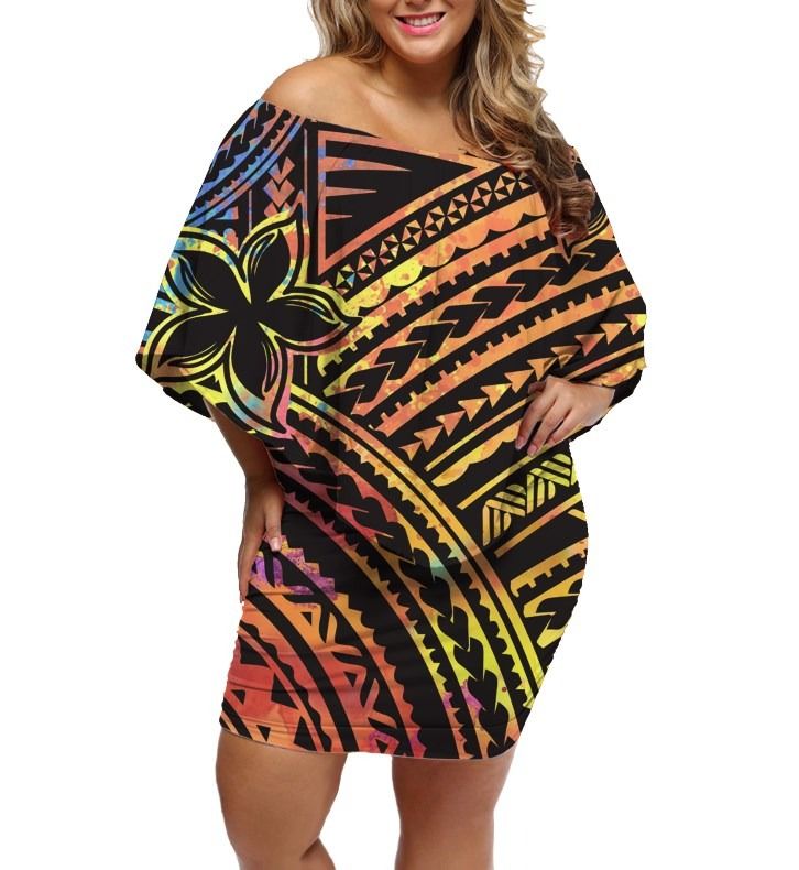 Polynesian Pride Dress - Plumeria Polynesian Colorful Ami Style Off Shoulder Short Dress Women White - Polynesian Pride