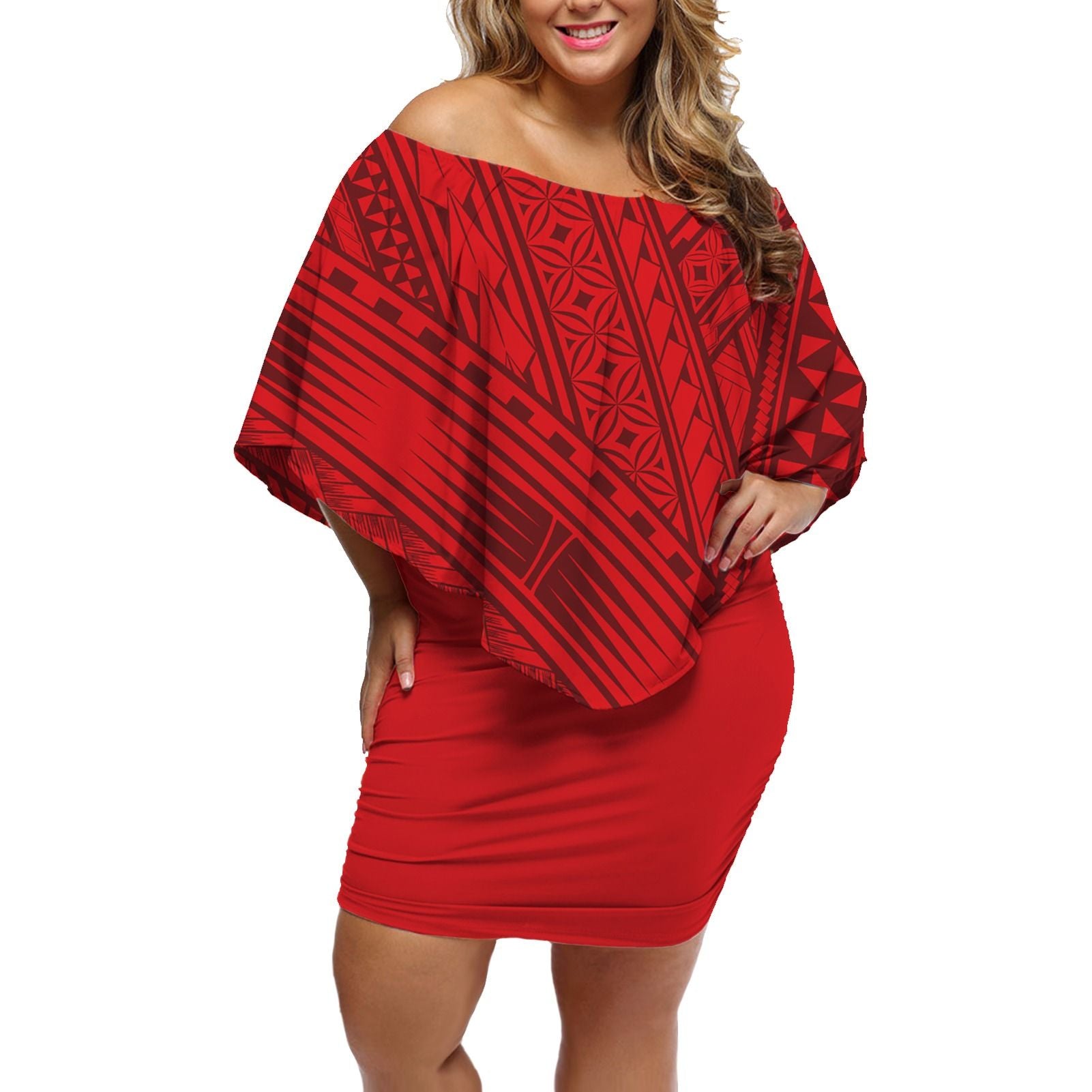Polynesian Pride Dress - Polynesian Masi Tapa Red Off Shoulder Short Dress Women Red - Polynesian Pride