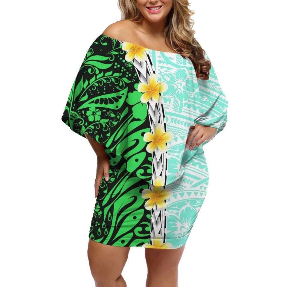 Polynesian Pride Dress - Spearhead Plumeria Polynesia Green Off Shoulder Short Dress Women Green - Polynesian Pride