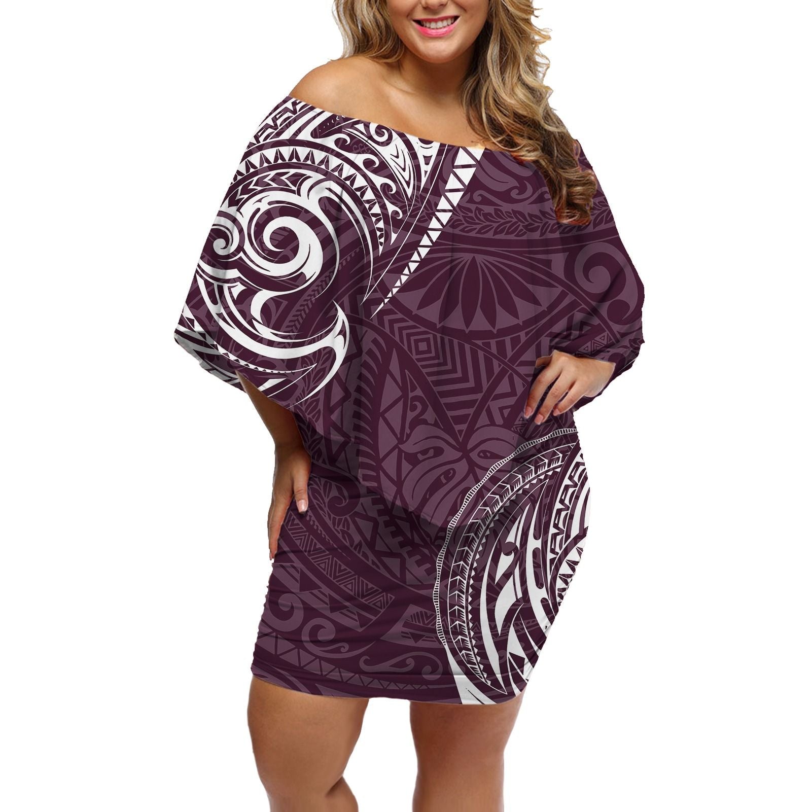 Polynesian Pride Dress - Tattoo Polynesian Purple Pattern Off Shoulder Short Dress Women Purple - Polynesian Pride