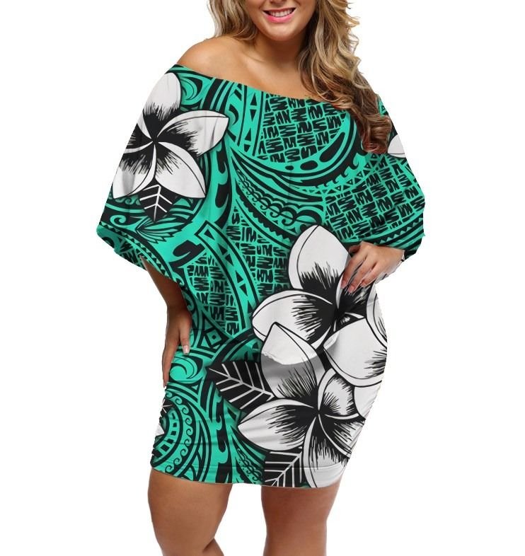 Polynesian Pride Dress - Polynesian Plumeria Fala Turquoise Off Shoulder Short Dress Women Turquoise - Polynesian Pride