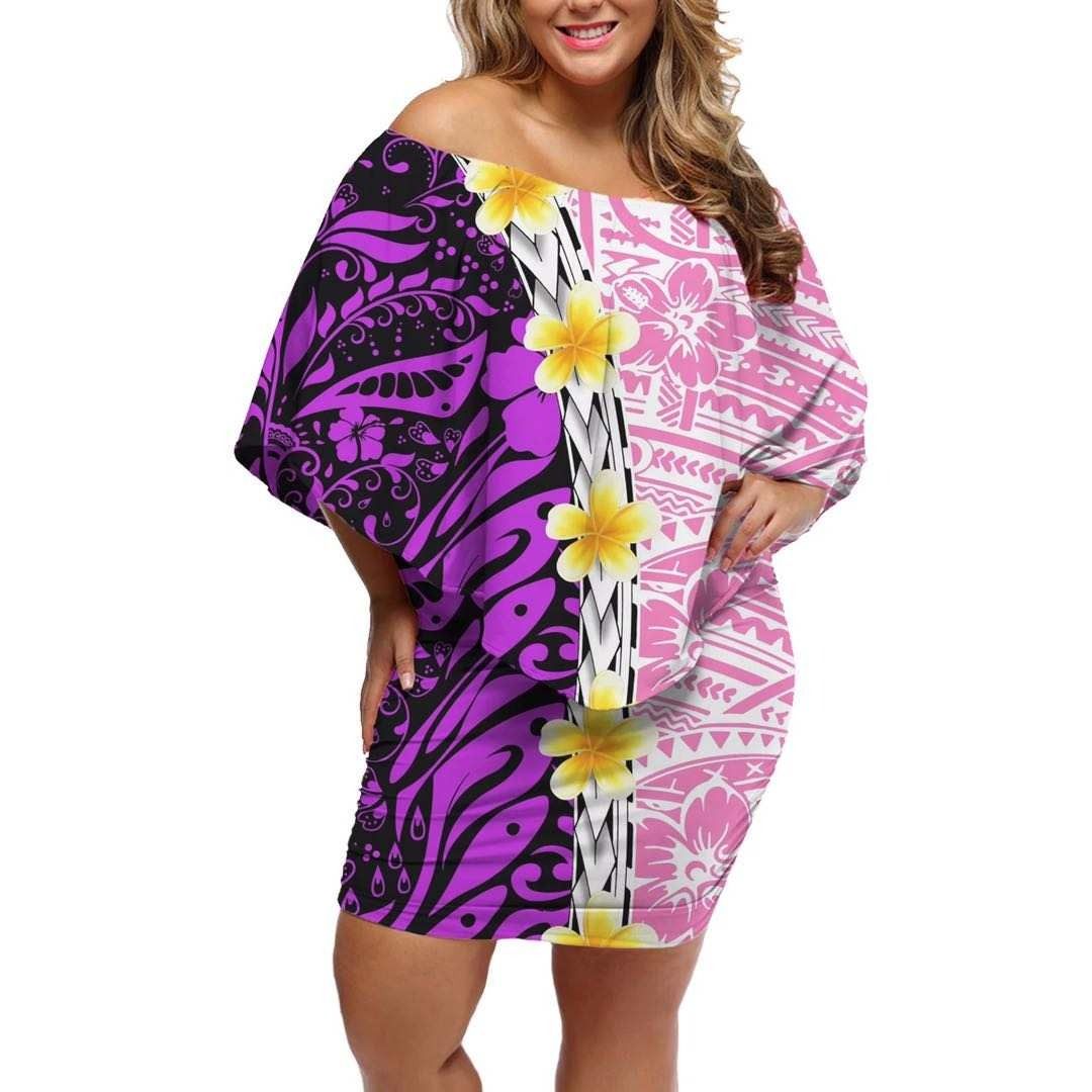 Polynesian Pride Dress - Spearhead Plumeria Polynesia Purple Off Shoulder Short Dress Women Purple - Polynesian Pride