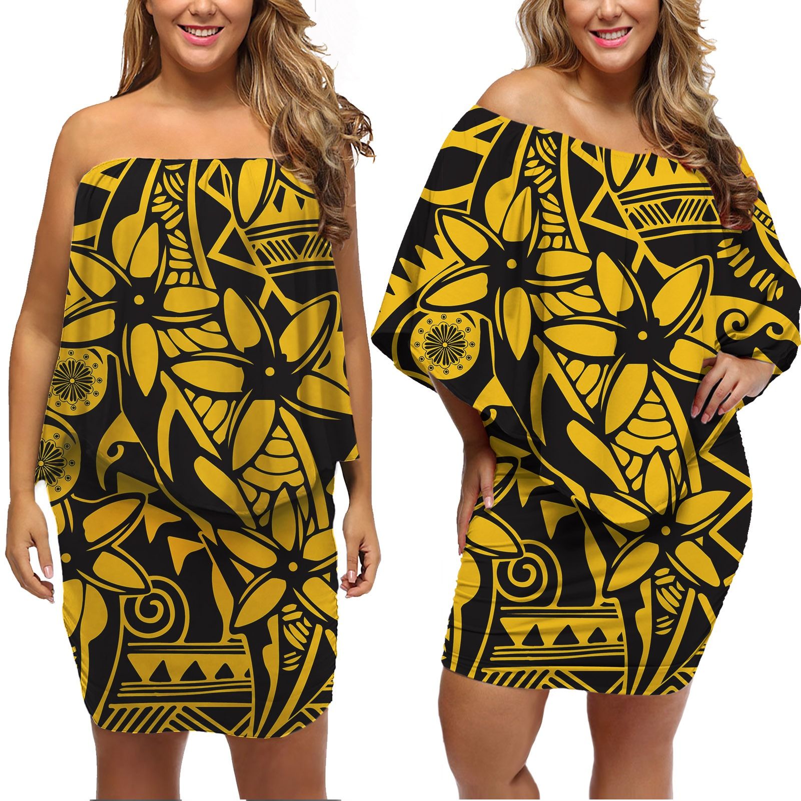 Polynesian Pride Dress - Plumeria Curve Polynesian Yellow Off Shoulder Short Dress Women Yellow - Polynesian Pride