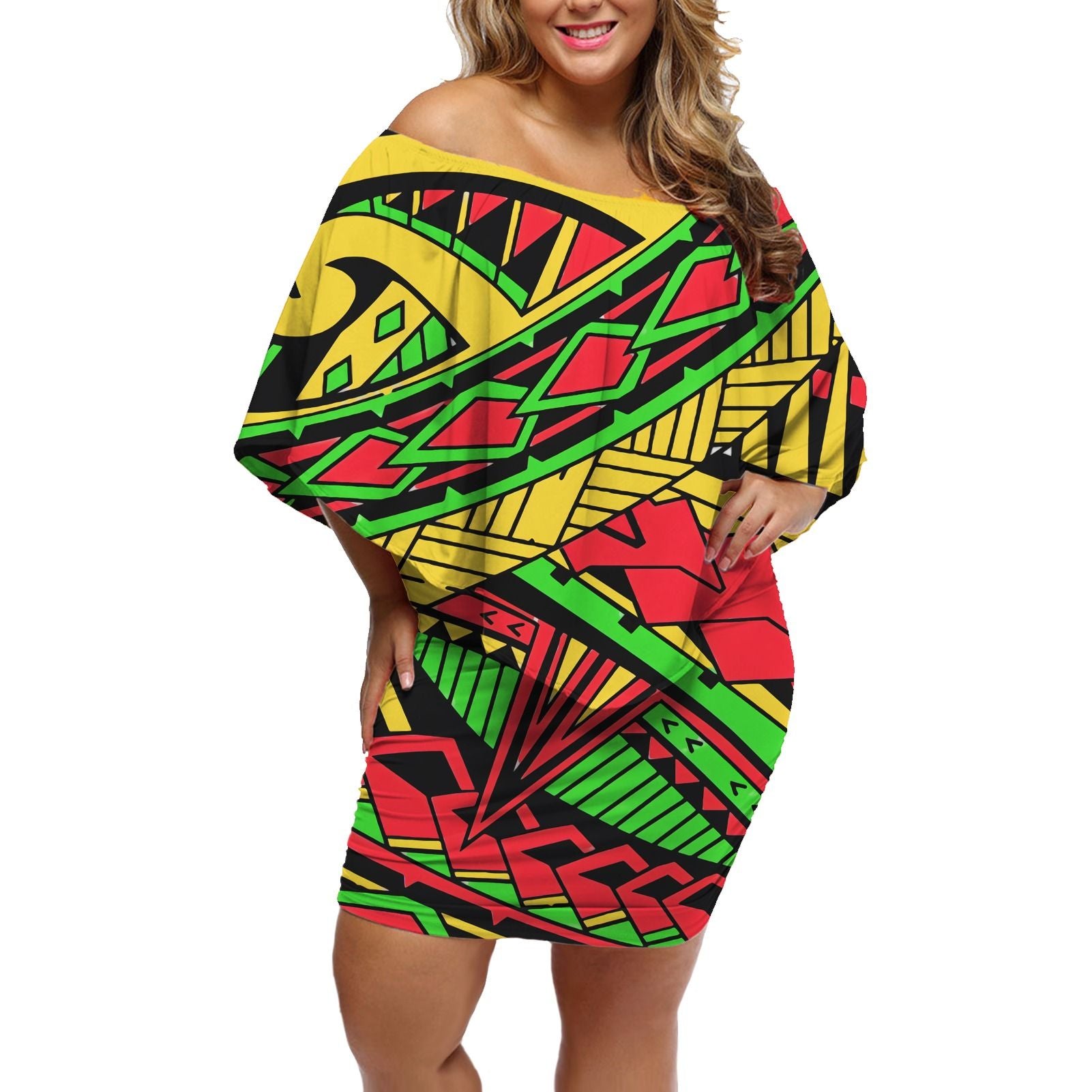 Polynesian Pride Dress - Tribal Maori Spearhead Polynesian Reggae Off Shoulder Short Dress Women Reggae - Polynesian Pride