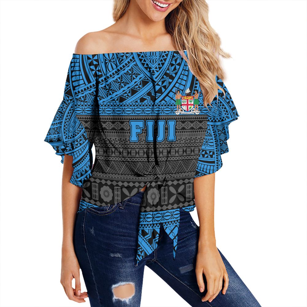 Polynesian Pride Clothing - Fiji Off Shoulder Wrap Waist Top Flag Tapa Art Style Women Blue - Polynesian Pride