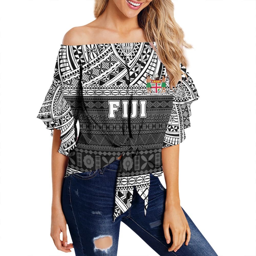 Polynesian Pride Clothing - Fiji Off Shoulder Wrap Waist Top Flag Tapa White Art Style Women White - Polynesian Pride