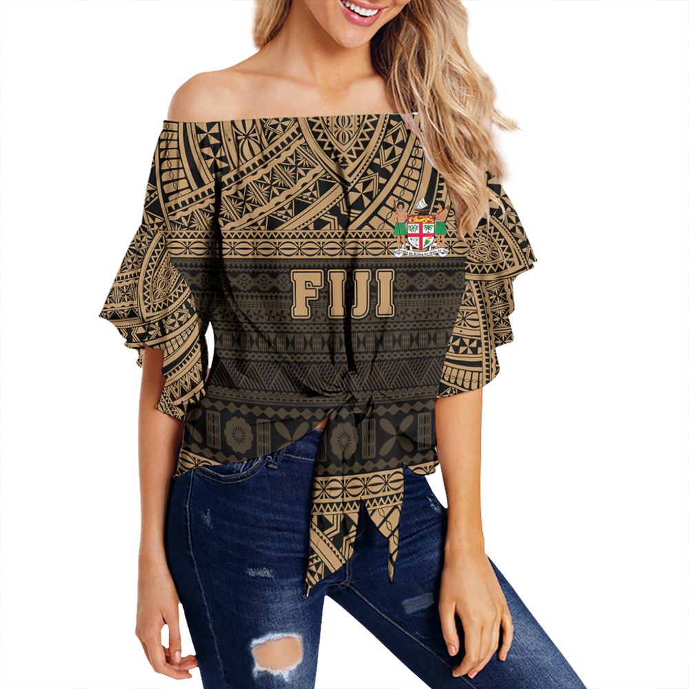 Polynesian Pride Clothing - Fiji Off Shoulder Wrap Waist Top Flag Tapa Gold Art Style Women Gold - Polynesian Pride