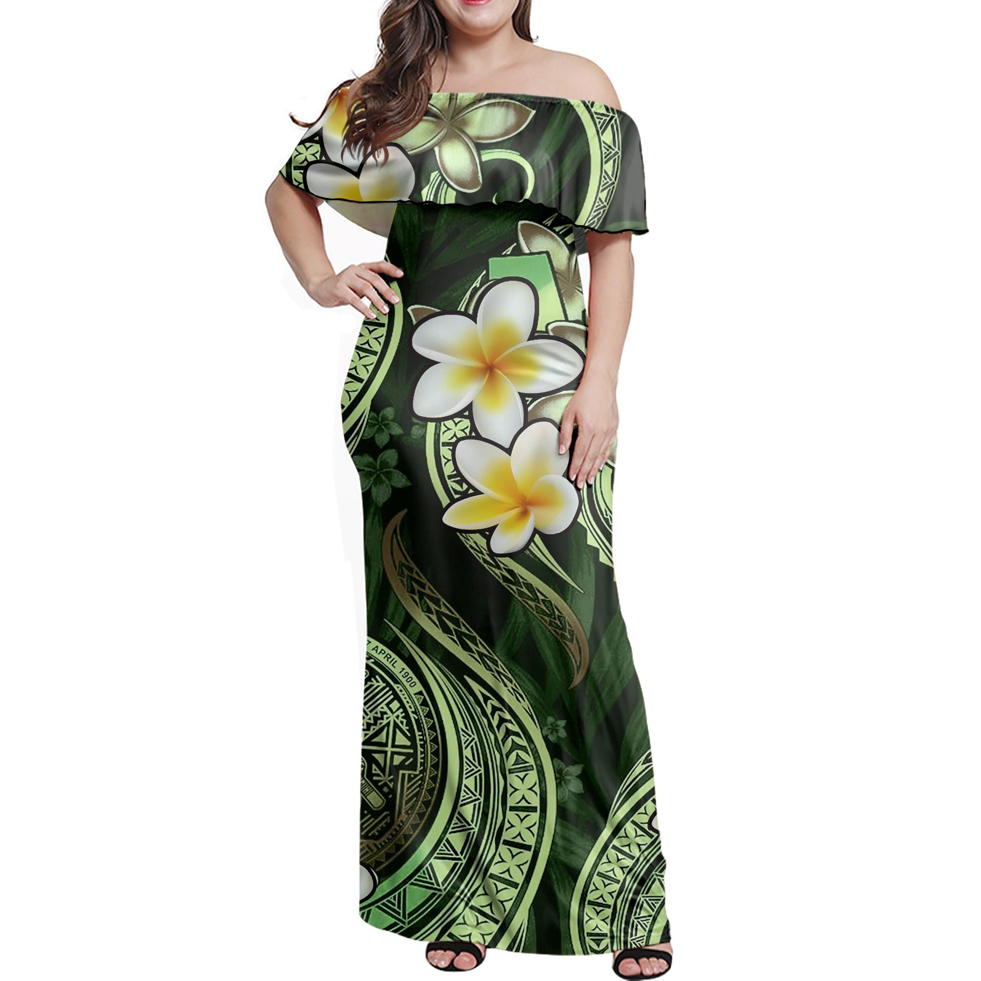 Polynesian Pride Dress - American Samoa 684 Siapo Coat Of Arms Green Off Shoulder Long Dress Long Dress Green - Polynesian Pride