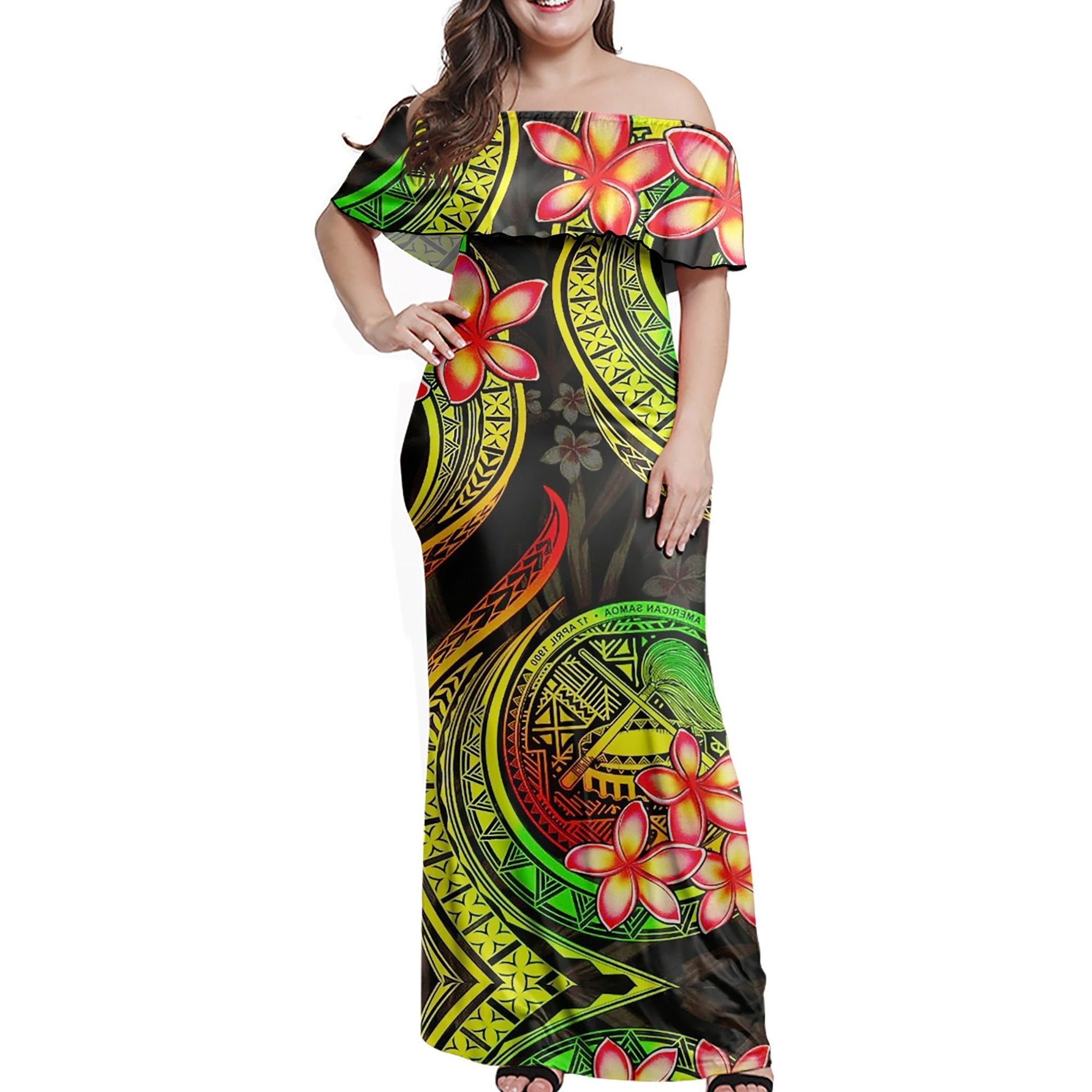 Polynesian Pride Dress - American Samoa 684 Siapo Coat Of Arms Reggae Off Shoulder Long Dress Long Dress Reggae - Polynesian Pride