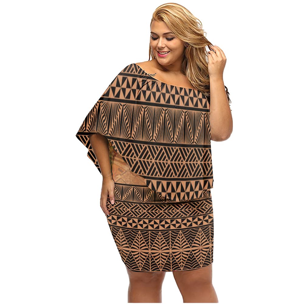 Polynesian Pride Dress - Tonga Pattern Off Shoulder Short Dress Women Brown - Polynesian Pride