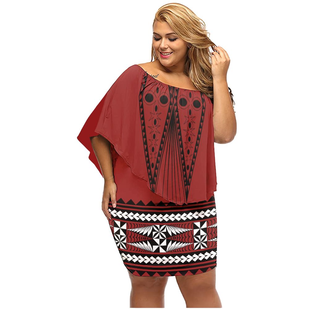 Polynesian Pride Dress - Tonga Pattern Style Off Shoulder Short Dress Women Red - Polynesian Pride