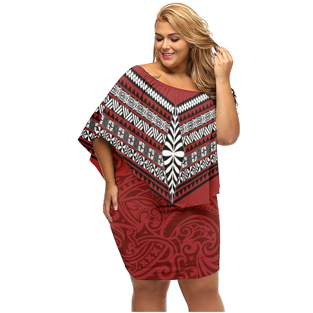 Polynesian Pride Dress - Pattern Ngatu Tonga Off Shoulder Short Dress Women Red - Polynesian Pride