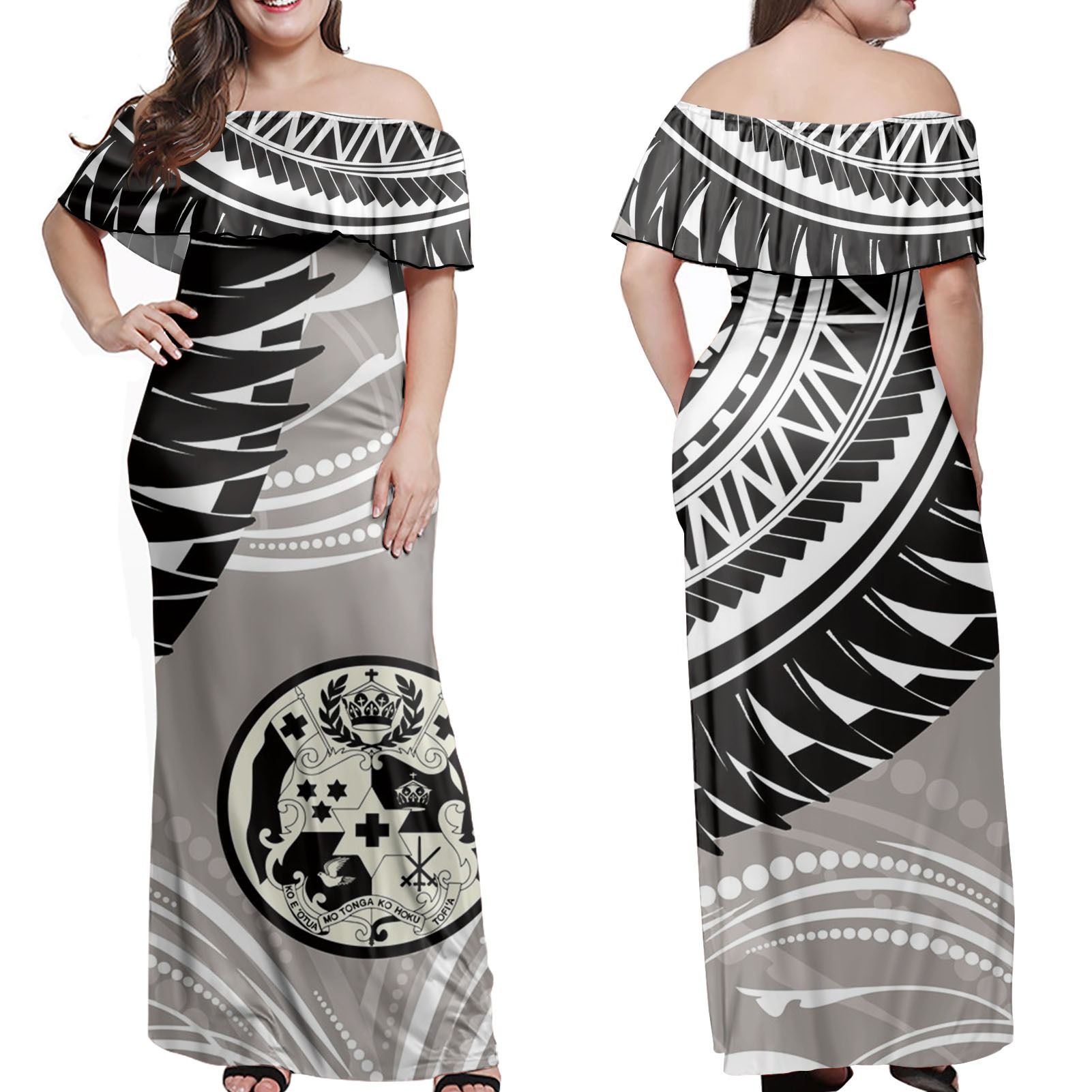 Polynesian Pride Dress - Sila Tonga Polynesian Wing Grey Off Shoulder Long Dress Long Dress Grey - Polynesian Pride