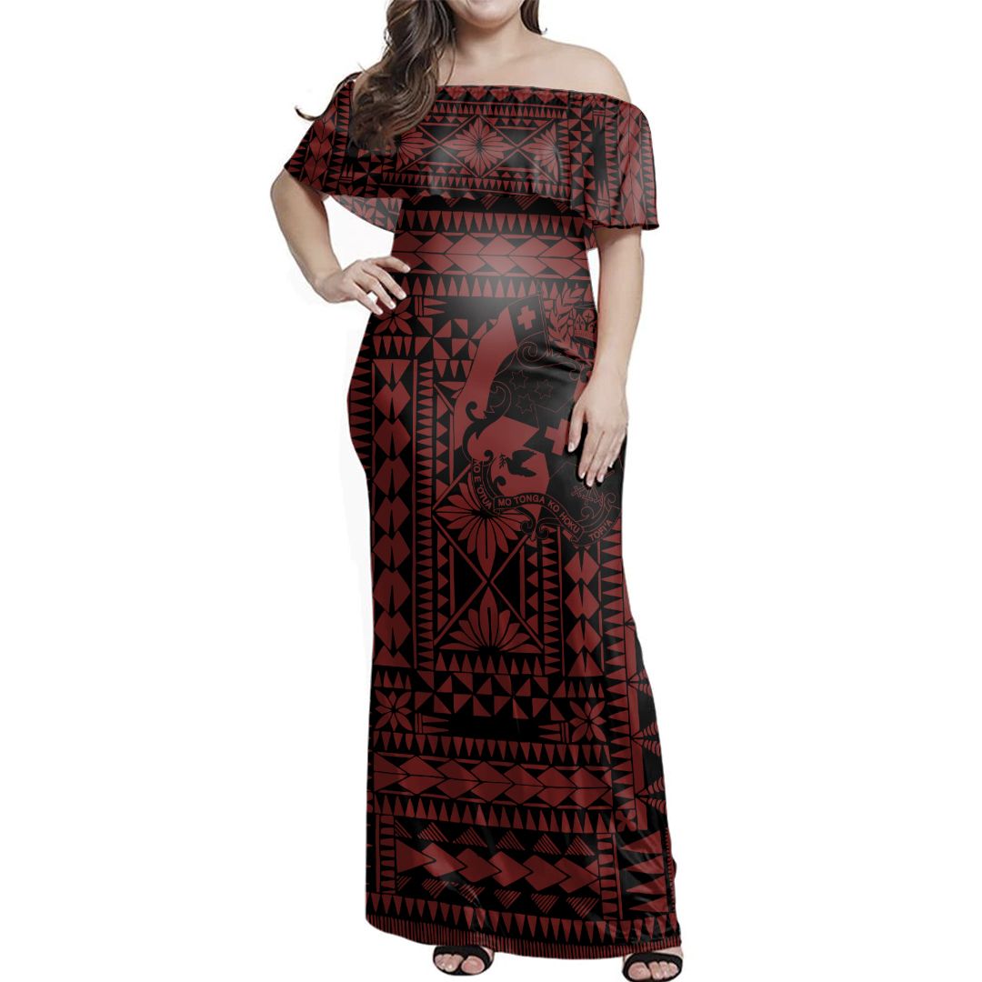 Polynesian Pride Dress - Tonga Polynesian Mix Coat Of Arms Off Shoulder Long Dress Long Dress Red - Polynesian Pride