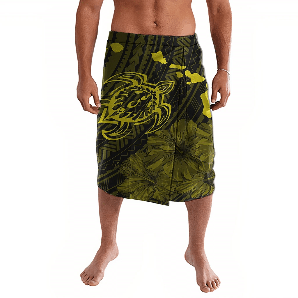 Polynesian Pride Clothing Hawaiian Hibiscus Sea Turtle Swim Polynesian Ie Faitaga Yellow Lavalava Black - Polynesian Pride