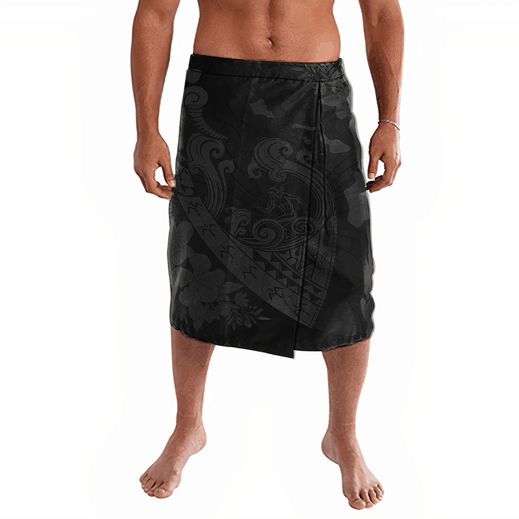 Polynesian Pride Clothing Hawaiian Fish Hook Hibiscus Banzai Surfing Polynesian Ie Faitaga Grey Lavalava Black - Polynesian Pride