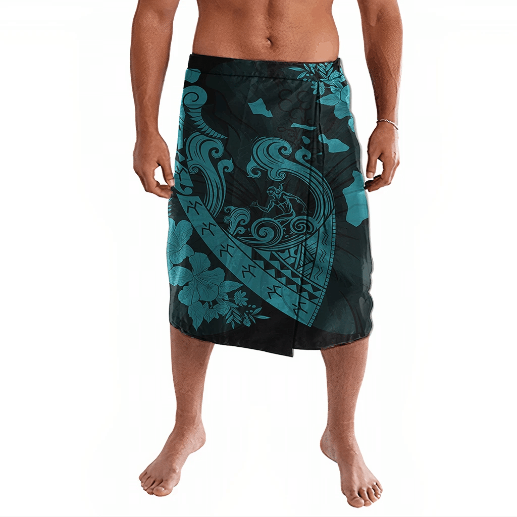 Polynesian Pride Clothing Hawaiian Fish Hook Hibiscus Banzai Surfing Polynesian Ie Faitaga Blue Lavalava Black - Polynesian Pride