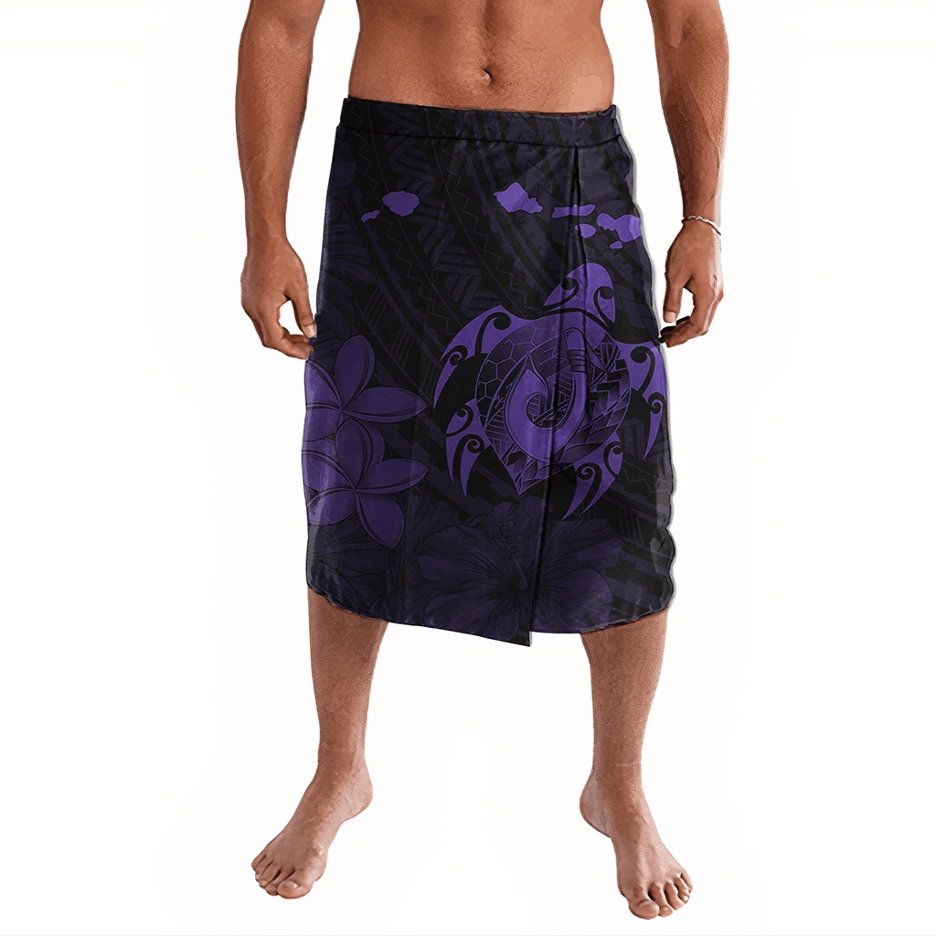 Polynesian Pride Clothing Hawaiian Map Turtle Plumeria Hibiscus Fish Hook Polynesian Ie Faitaga Purple Lavalava S/M Black - Polynesian Pride