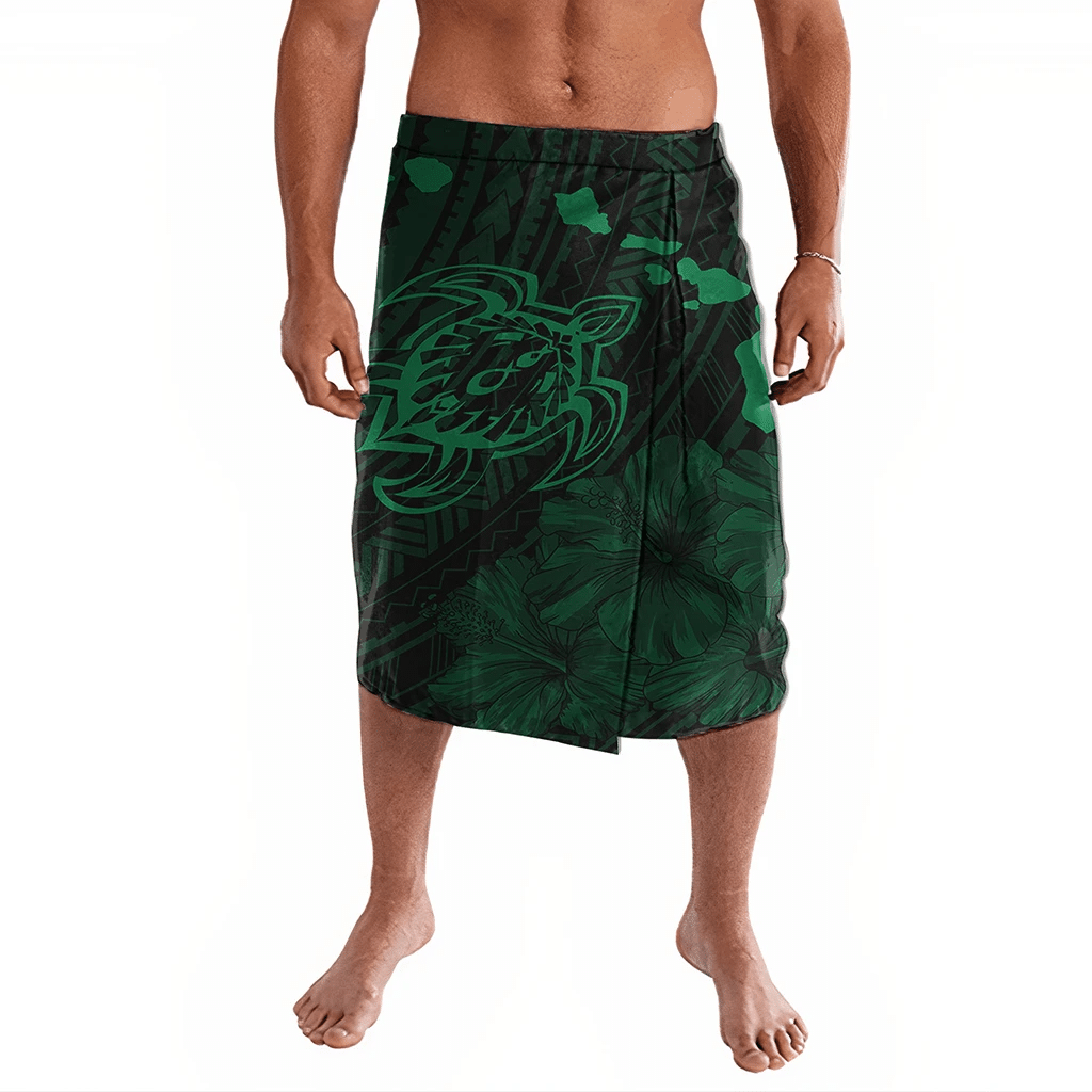 Polynesian Pride Clothing Hawaiian Hibiscus Sea Turtle Swim Polynesian Ie Faitaga Green Lavalava Black - Polynesian Pride