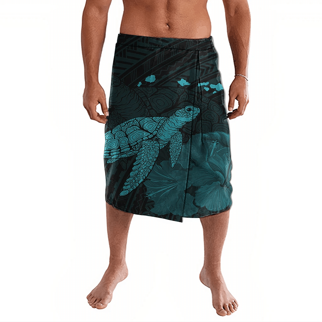 Polynesian Pride Clothing Hawaii Polynesian Hibiscus Turtle Map Ie Faitaga Blue Lavalava Black - Polynesian Pride