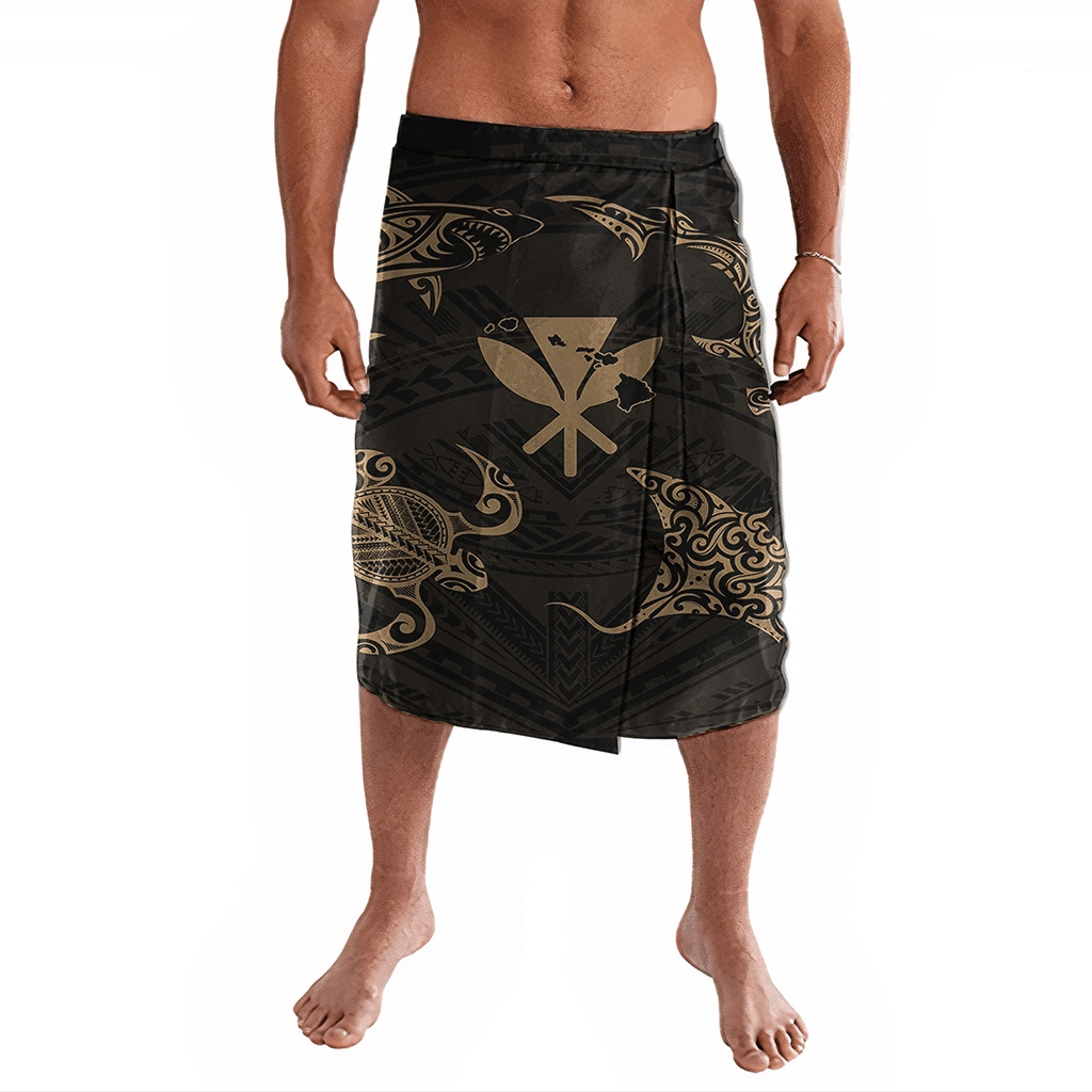 Polynesian Pride Clothing Polynesian Turtle Hammerhead Shark Ray Kanaka Hawaii Ie Faitaga Circle Gold Lavalava S/M Black - Polynesian Pride