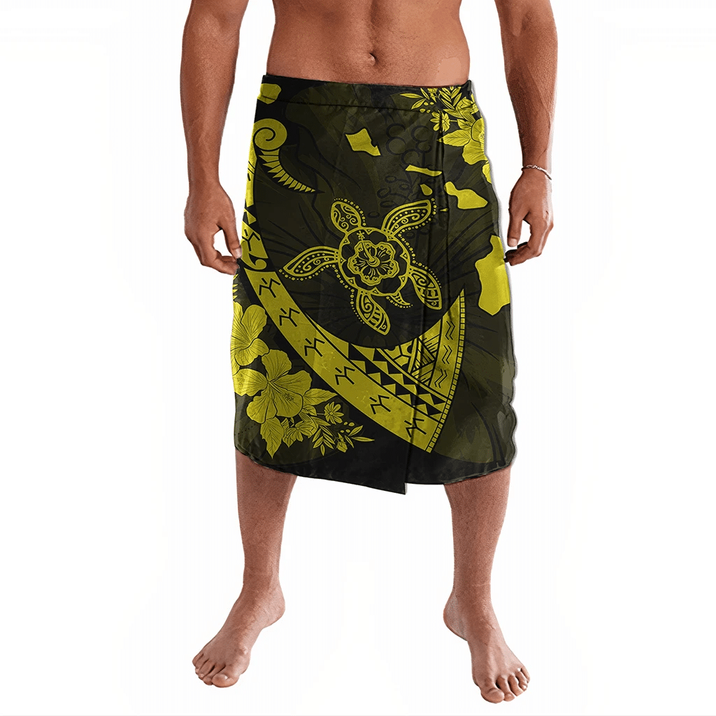 Polynesian Pride Clothing Hawaiian Map Hibiscus Turtle Fish Hook Polynesian Ie Faitaga Yellow Lavalava Black - Polynesian Pride