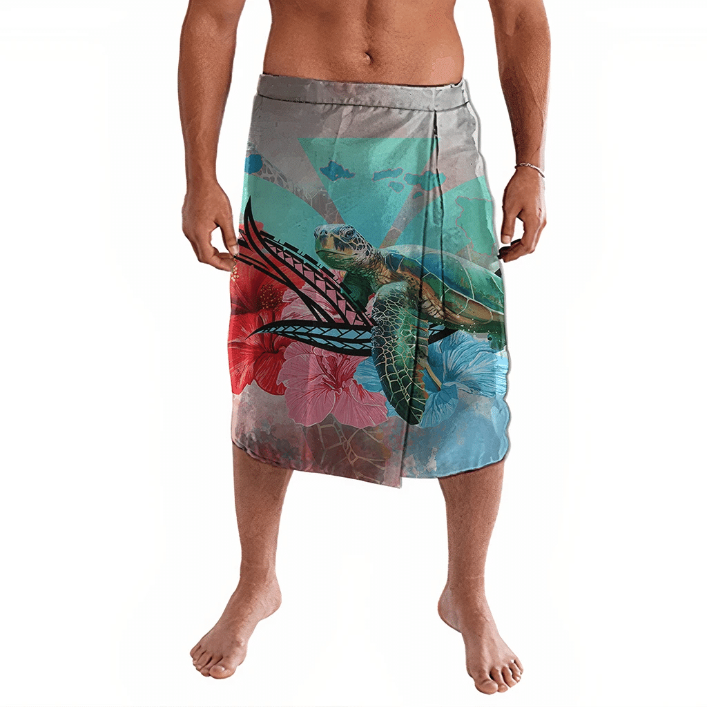 Polynesian Pride Clothing Hawaii Map Kanaka Sea Turtle Hibiscus Ie Faitaga Blue Pink Lavalava Black - Polynesian Pride