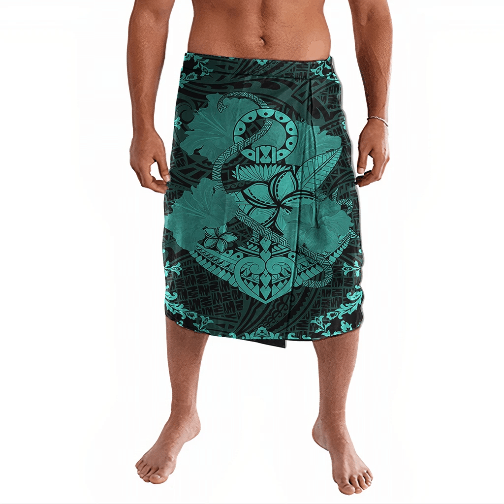 Polynesian Pride Clothing Hawaii Anchor Hibiscus Flower Vintage Ie Faitaga Turquoise Lavalava Black - Polynesian Pride