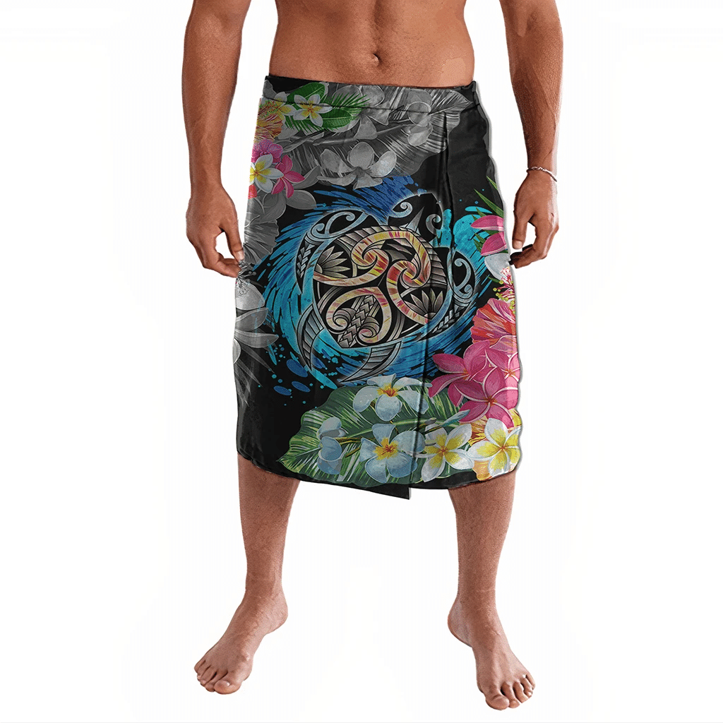 Polynesian Pride Clothing Hawaii Plumeria Hibiscus Wave Turtle Ie Faitaga Lavalava Black - Polynesian Pride