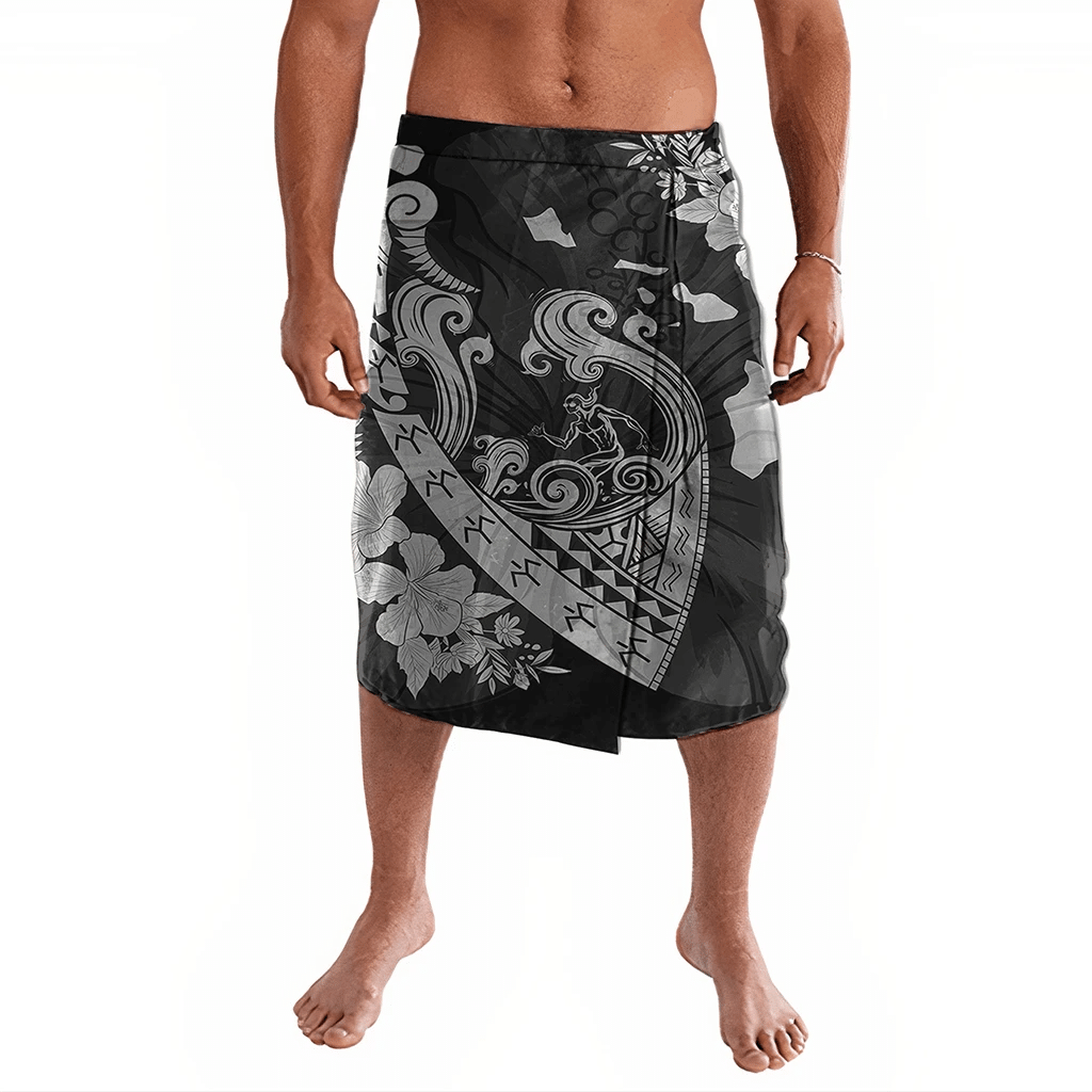 Polynesian Pride Clothing Hawaiian Fish Hook Hibiscus Banzai Surfing Polynesian Ie Faitaga Lavalava Black - Polynesian Pride