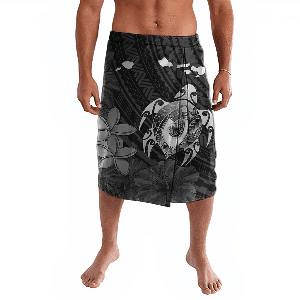 Polynesian Pride Clothing Hawaiian Map Turtle Plumeria Hibiscus Fish Hook Polynesian Ie Faitaga Lavalava S/M Black - Polynesian Pride