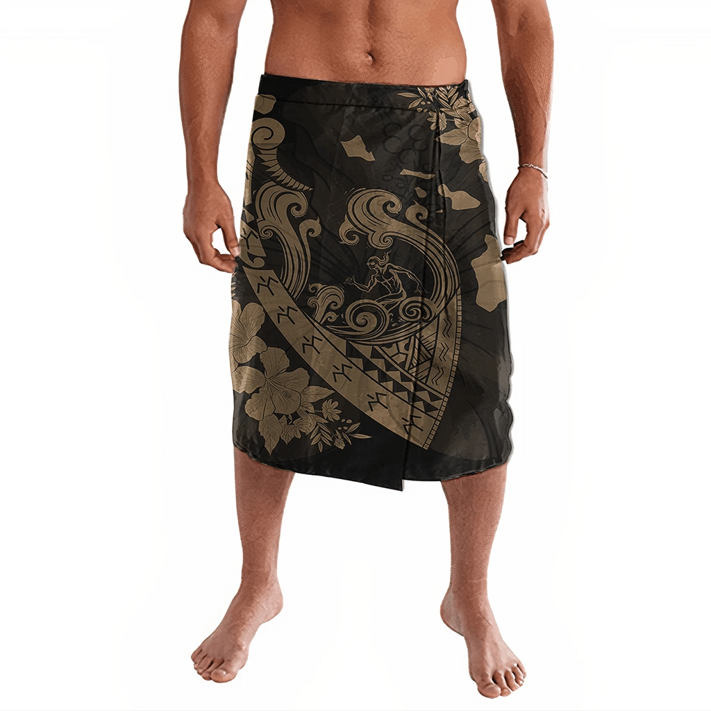 Polynesian Pride Clothing Hawaiian Fish Hook Hibiscus Banzai Surfing Polynesian Ie Faitaga Gold Lavalava Black - Polynesian Pride